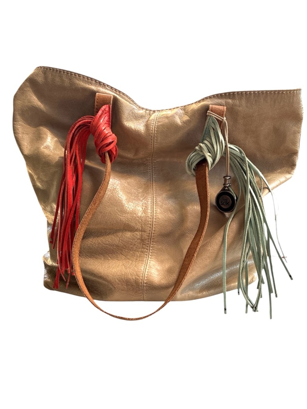 The Sak Leather Fringe Tassels Shoulder Purse Tan Tote Bag Coral Turquoise Boho